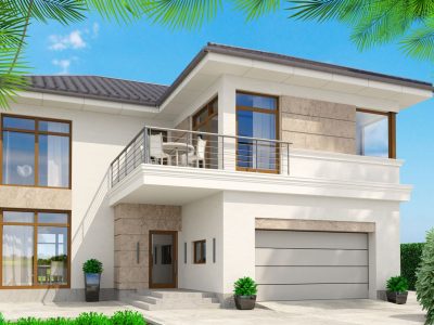 3d illustration. Modern white house with a terrace and green palm trees.